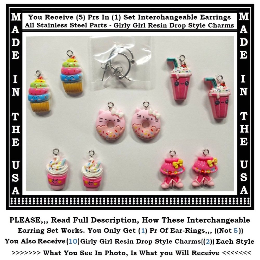 5/$10 Sweet Ice Cream Donut Food Interchangeable Charm Earrings-5 Pairs in Set